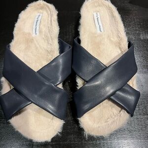 Rebecca Minkoff Navy Crisscross Faux-Fur Slide Slippers